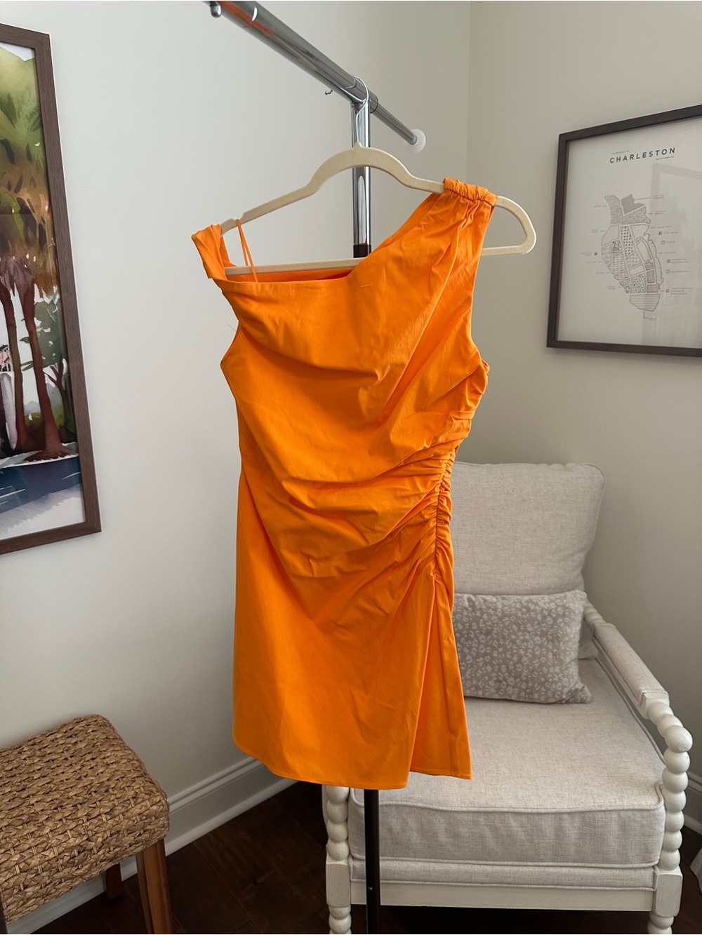 Mango Vibrant Orange One-Shoulder Ruched Mini Dress